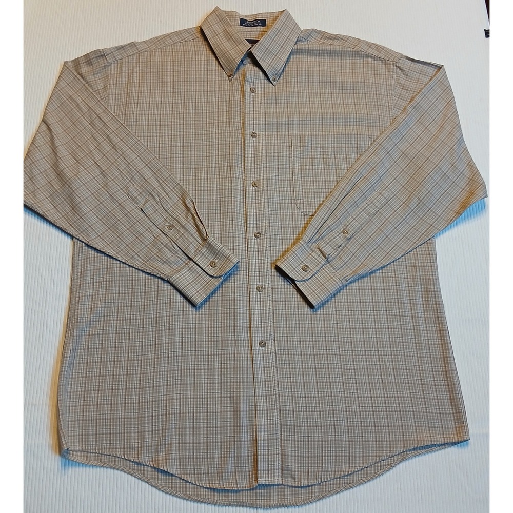 Roundtree & Yorke Mens Tan Plaid Button Down Shirt 16-34 Long Sleeve Large